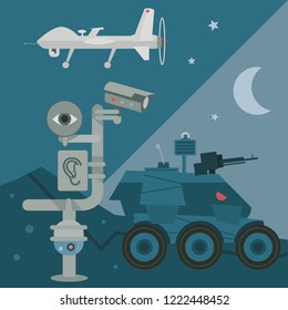 Dangerous technology elements Drone surveillance camera and tank in night landscape
