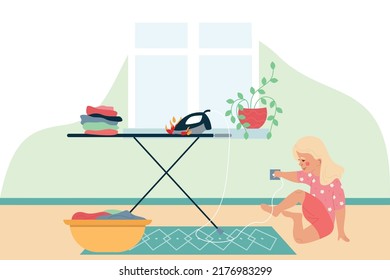 Dangerous things flat composition with little girl turning on iron without supervision vector illustration