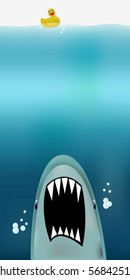 Dangerous threat from shark attacking from the abyss, unknowing rubber duck bobble on the waves
