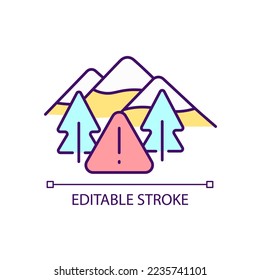 Dangerous tourist routes RGB color icon  Snow capped mountains  Awareness for resort guests  Isolated vector illustration  Simple filled line drawing  Editable stroke  Arial font used