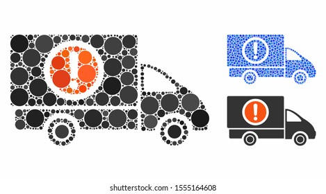 Dangerous truck mosaic of filled circles in variable sizes and color tinges, based on dangerous truck icon. Vector random circles are combined into blue mosaic.