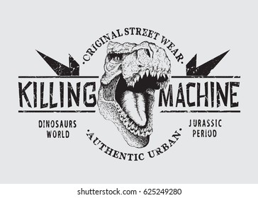 dangerous tyranosaur head .Killing machine.Graphic emblem for prints design of t-shirts or other apparel. angry t-rex