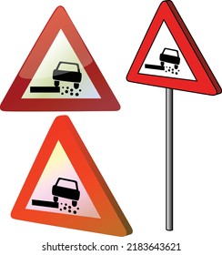 Dangerous verge warning triangle red european road sign volumized flat shiny isolated vector