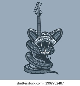 Dangerous Viper enveloping the Guitar. Monochrome tattoo style.