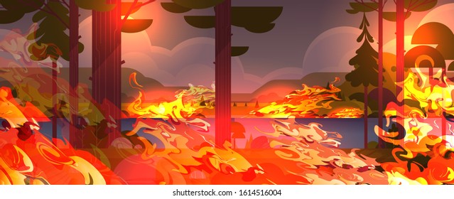 dangerous wildfire bush fire development dry woods burning trees global warming natural disaster concept intense orange flames landscape background horizontal vector illustration