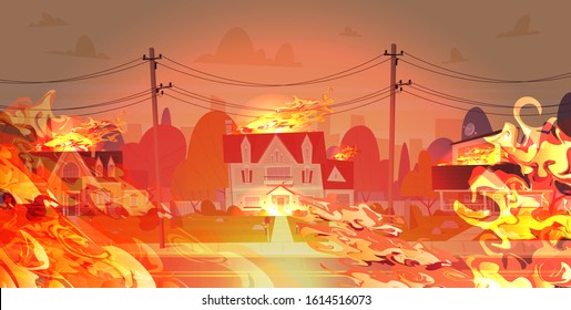 dangerous wildfire on street with burning civil houses fire development global warming natural disaster concept intense orange flames horizontal vector illustration