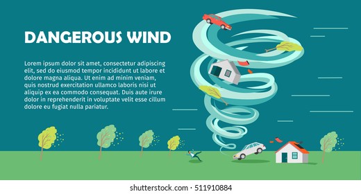 Dangerous wind conceptual vector banner. Flat style. Huge vortex lifted house, car and trees, knocked down man and destroyed building. Natural disaster illustration for insurance company web page