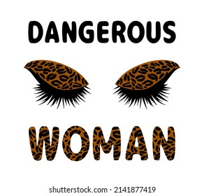 Dangerous woman beauty poster. Eye look isolated vector sketch, animal print icon outline drawing. Makeup design element concept. Black leopard eyelashes. Cosmetic, fashion, glamour. Girl power.