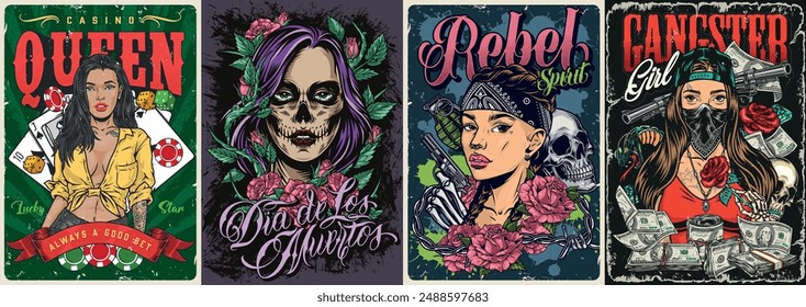 Dangerous women colorful set flyers with casino queen and girl gangster or zombie from day of death vector illustration