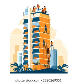 Dangerous work at heights on buildings. Roof maintenance on a high rise building. label, sticker