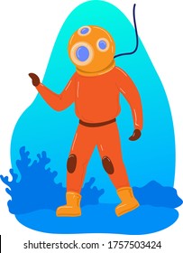 Dangerous work underwater diver, research deep ocean underwater plunger isolated on white, cartoon vector illustration. Scientific study sea, heavy metal protect suit, walk water floor.