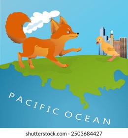 Dangerous world. Goosling meets a fox near the city. Vector illustration.