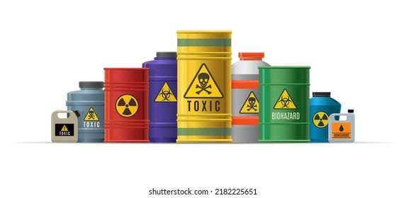 Dangerousness chemicals. Different transportation danger chemics tanks, flammable explosives radioactive bio hazard liquid transport containers isolated vector