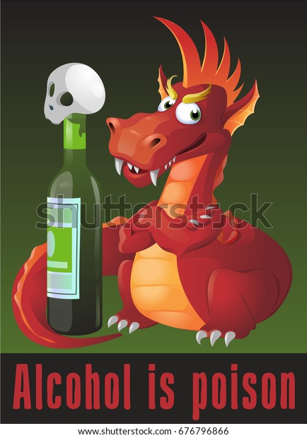 The dangers of alcoholism concept with a skull on a\
bottle and ferocious Dragon. Cartoon styled vector illustration.\
Elements is grouped and divided into layers. No transparent\
objects. 