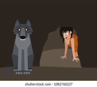dangers of caveman life, wolves waiting for primitive child out of cave, vector cartoon illustration in flat style