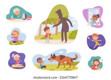 Dangers for children at home and outdoors set vector illustration. Cartoon scenes of dangerous situations for kids, risk of injury and burns from fire in kitchen, dog bite, falling from window