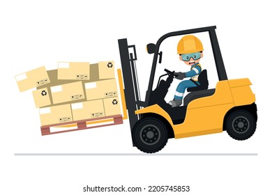 Dangers of driving a forklift. Industrial worker in an accident with boxes falling on the fork lift truck. Work accident in a warehouse. Security First. Industrial Safety and Occupational Health