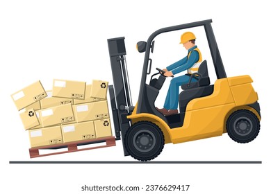 Dangers of driving a forklift. Industrial worker in an accident with boxes falling on the fork lift truck. Work accident in a warehouse. Security First. Industrial Safety and Occupational Health