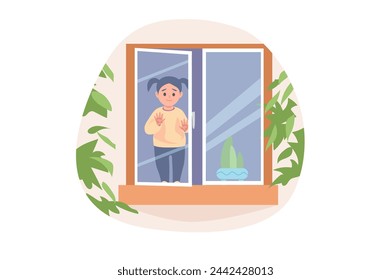 Dangers for kids concept with people scene in flat cartoon design. A little girl looks into an open window, which is very dangerous, because she can fall out of it. Vector illustration.