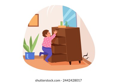 Dangers for kids concept with people scene in flat cartoon design. The child climbs on the dresser for things, because of which he can fall and hurt himself. Vector illustration.