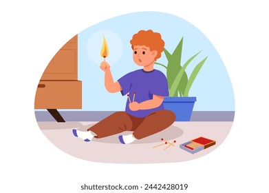 Dangers for kids concept with people scene in flat cartoon design. A boy plays with matches and fire, which can lead to a dangerous situation. Vector illustration.