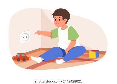 Dangers for kids concept with people scene in flat cartoon design. The child is careless with the electrical outlet, which can lead to a dangerous situation. Vector illustration.