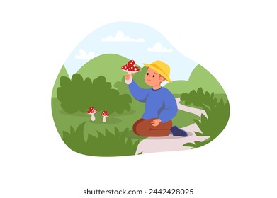 Dangers for kids concept with people scene in flat cartoon design. The boy found poisonous mushrooms in nature and can eat them, which is very dangerous. Vector illustration.