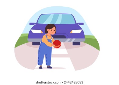 Dangers for kids concept with people scene in flat cartoon design. A girl is playing with a ball on the road in this image. Vector illustration.