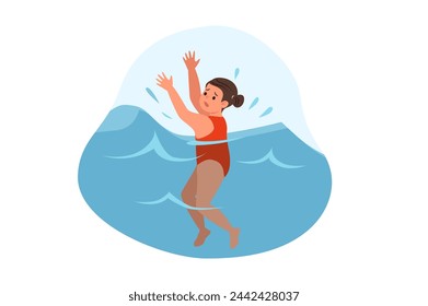 Dangers for kids concept with people scene in flat cartoon design. A little girl is drowning and needs help. Vector illustration.