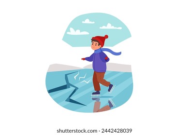 Dangers for kids concept with people scene in flat cartoon design. The boy was sliding on a frozen pond and the ice cracked. Vector illustration.