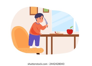 Dangers for kids concept with people scene in flat cartoon design. A little boy holds a sharp knife in his hand, with which he can injure himself. Vector illustration.