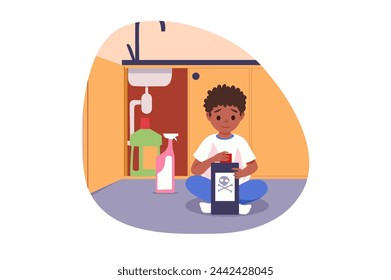 Dangers for kids concept with people scene in flat cartoon design. This illustration warns of the dangers that can occur if a child plays with chemicals. Vector illustration.