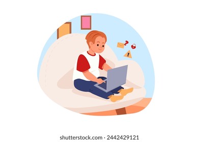 Dangers for kids concept with people scene in flat cartoon design. The boy sits at the computer and explores sites intended for adults. Vector illustration.