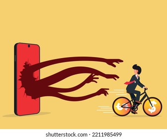 Dangers of mobile phones and social media. Businessman riding a bicycle get away from the phone.