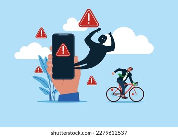 Peligros para los smartphones y los medios sociales. Empresario con bicicleta huyendo del smartphone. Ilustración vectorial moderna en estilo plano