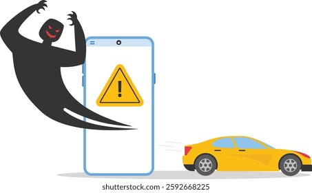 Dangers of smartphones and social media. Businessman with car running away from smartphone. Modern vector illustration in flat style

