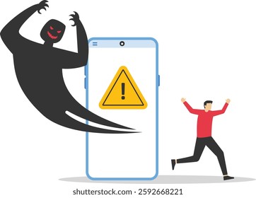 Dangers of smartphones and social media. Running away from mobile phone. Modern vector illustration in flat style

