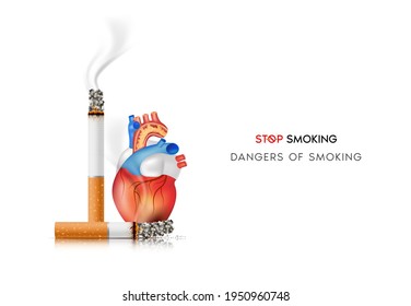 The dangers of smoking Effects of smoking, the risk of heart disease. No smoking, World No Tobacco Day. 3D Vector EPS10 illustration