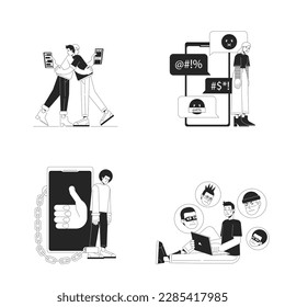 Dangers of using internet nowadays black and white concept vector spot illustration set. Editable 2D flat monochrome cartoon characters for web design. Line art ideas pack for website, mobile, blog