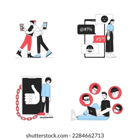 Peligros de usar internet hoy en día concepto de línea vector de ilustración spot conjunto. Caracteres editables de dibujos animados 2D de color plano sobre blanco para diseño web. Paquete de ideas de lineares creativos para sitio web, móvil, blog