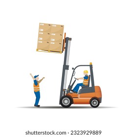 Dangers of working with a forklift. Don't stand under the load. Vector illustration.