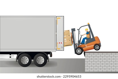 Dangers of working with a forklift. Fall off the loading ramp. Vector illustration.