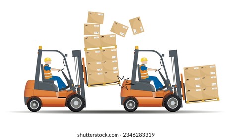 Dangers of working with a forklift. Keep your distance while working. Vector illustration.