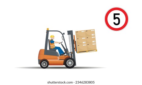 Dangers of working with a forklift. Observe the established speed limit. Vector illustration.