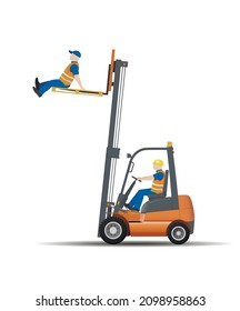 Dangers of working with a forklift truck. Lifting a person on a pallet is prohibited. Flat vector illustration.