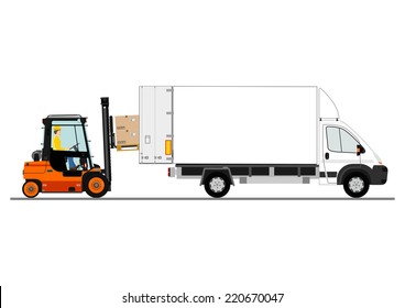 Dangers of working with a forklift truck. Vector illustration without gradients on one layer. 