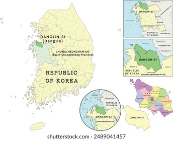 Dangjin-si (Dangjin) location on Chungcheongnam-do (South Chungcheong Province) and Republic of Korea (South Korea) map. Colored. Vectored