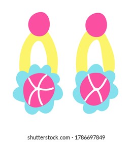Dangle earrings with ruby gemstones  framed by flower petals. Hand drawn vector illustration isolated on white background. Yellow, turquoise and pink colors. Great for kids design.