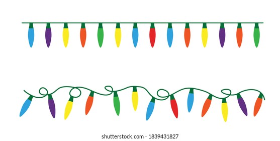 Dangle string lights vector. Colored bulb, bright string lights. Festive holiday decoration. Garland glowing light bulbs for the street home party lights. Christmas time.