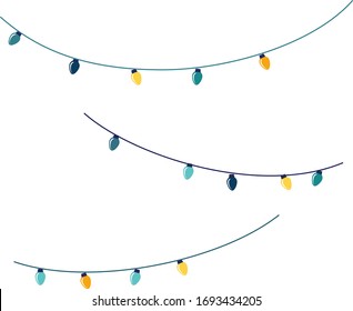 dangle string lights vector, yellow, blue, green, orange colored bulb, bright string lights vectors.